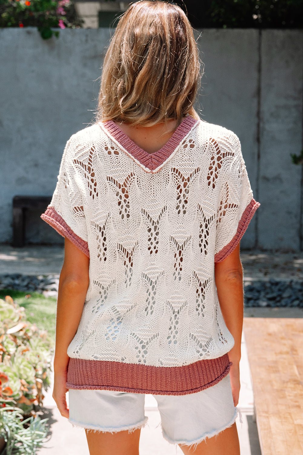 Isla Embroidered Flowers Colorblock Edge Hollowed Sweater Threaded Pear