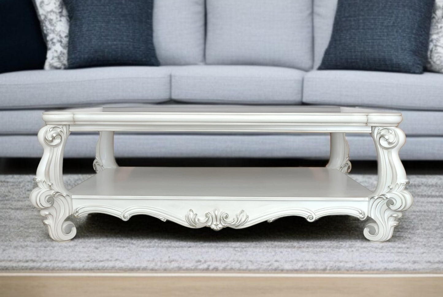 57" White Wood Ornate Coffee Table With Shelf