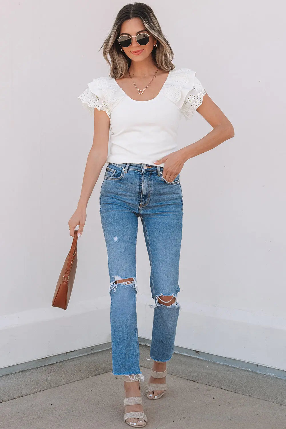Andi Eyelet Ruffle Sleeve Slim Fitted Top Threaded Pear