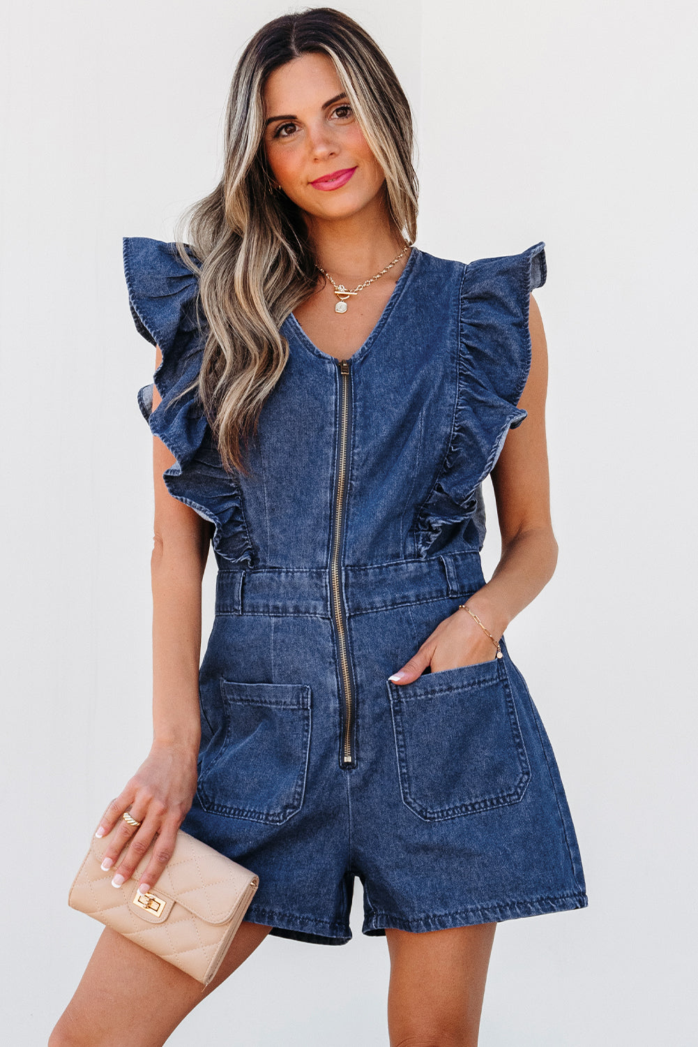 Amora Denim Ruffled Zipped Front Belted Romper Threaded Pear
