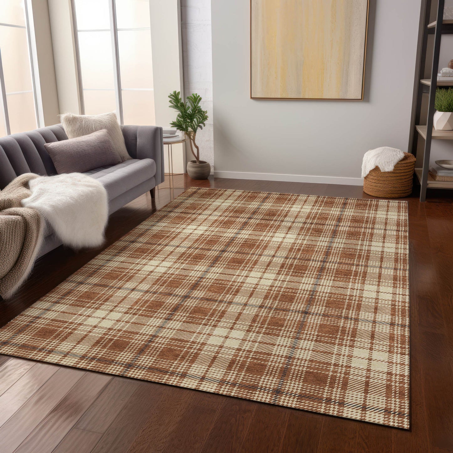 9' X 12' Brown Black And Beige Plaid Washable Indoor Outdoor Area Rug