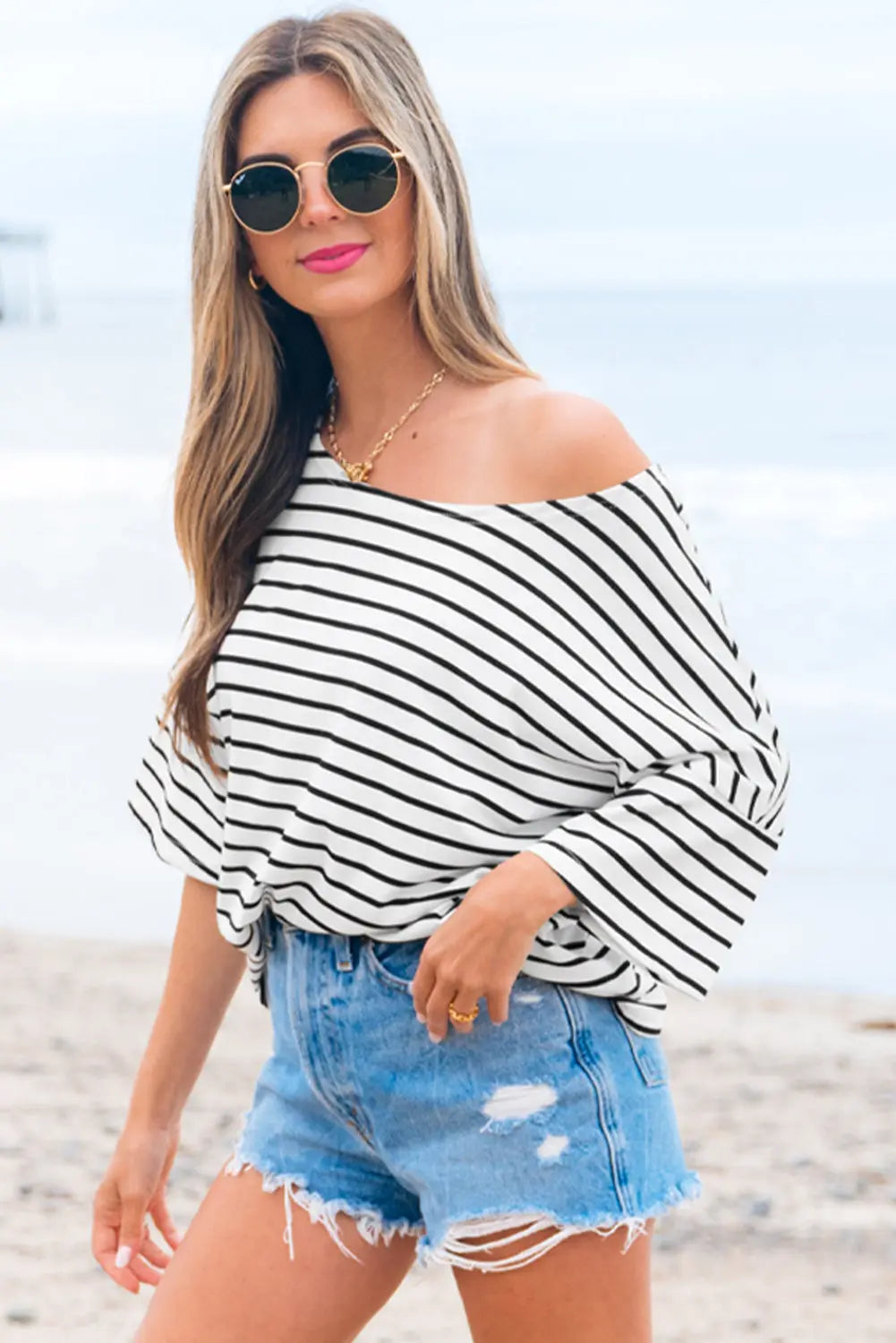 Lilia Stripe Half Sleeve Scoop Neck Loose Top Threaded Pear