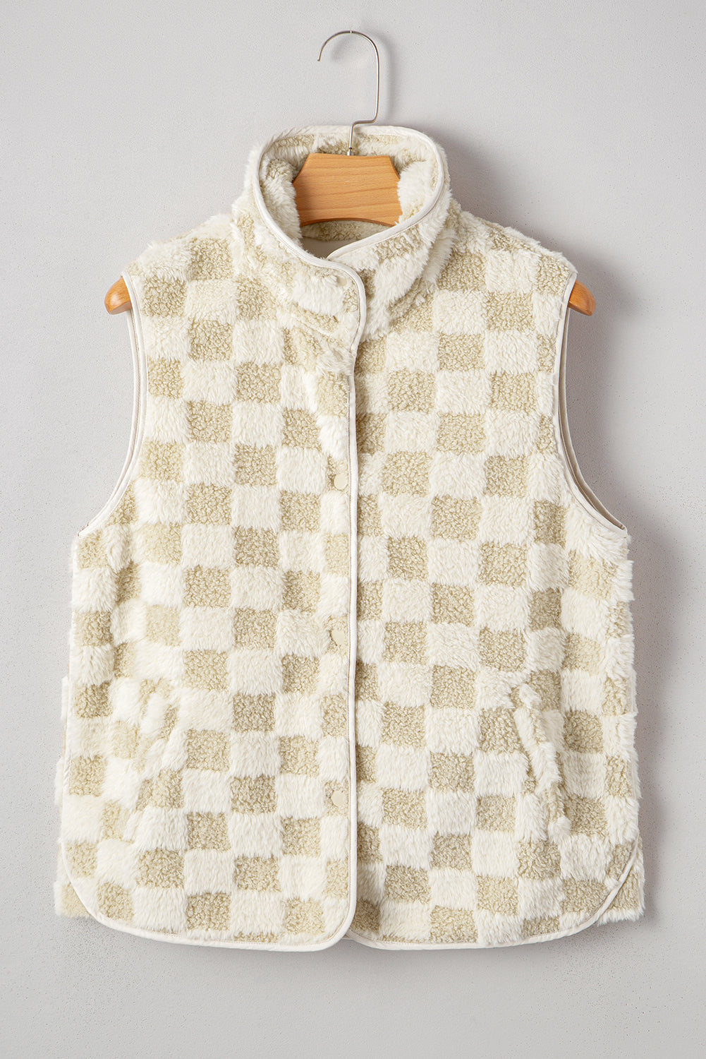 Stevie Sherpa Checkerboard Button Vest With Pocket Threaded Pear