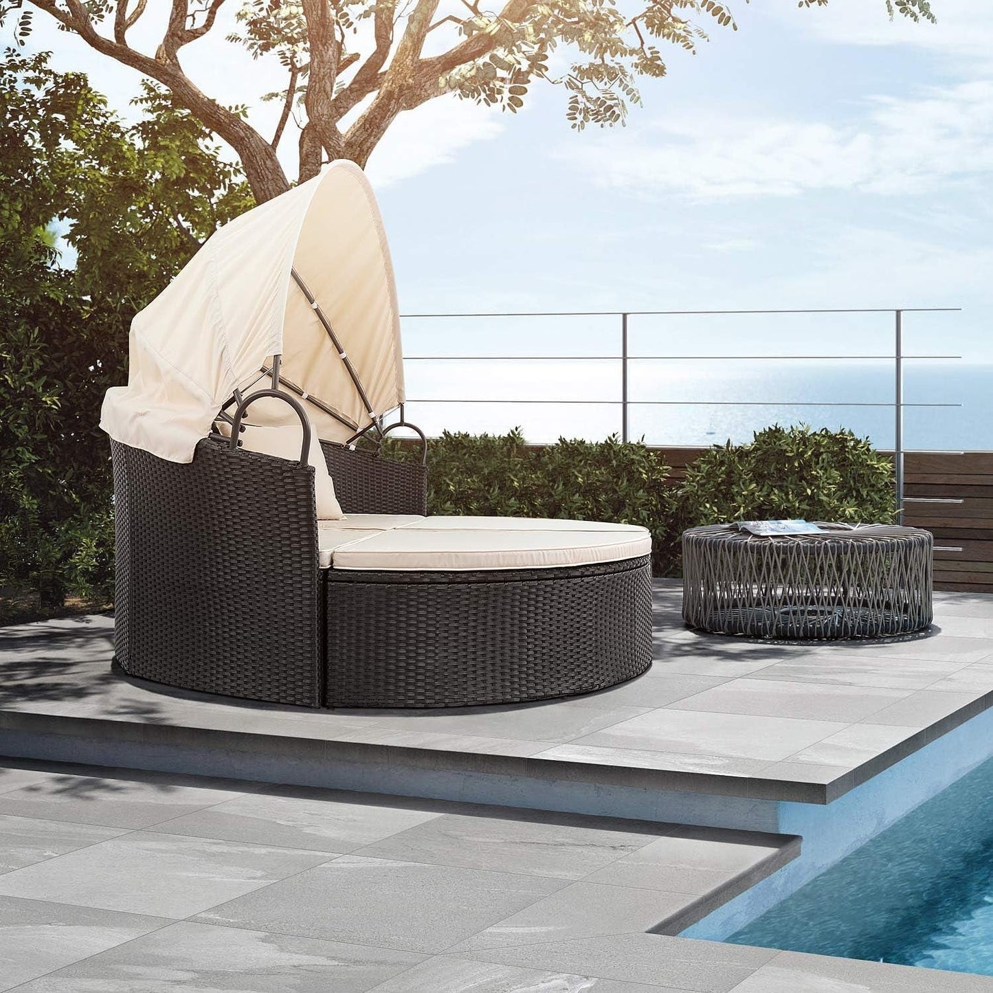 Outdoor Round Daybed Canopy, Wicker, Patio Sectional Sofa ShipItFurniture