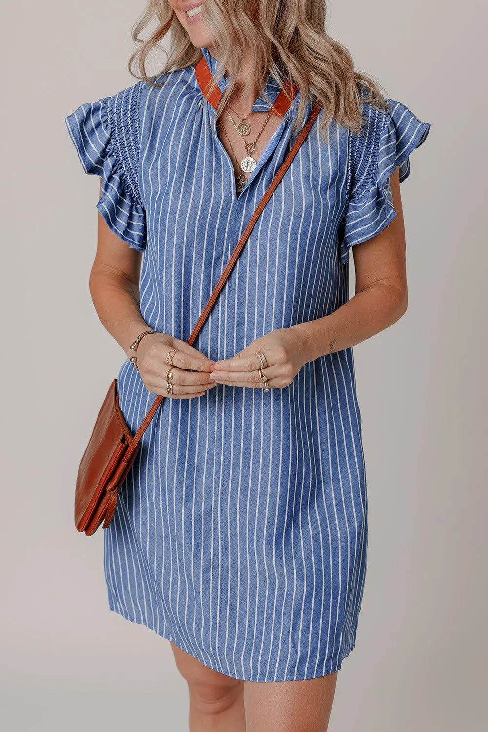 Leah Stripe Frilly Split Neck Shirred Ruffle Sleeve Dress Threaded Pear