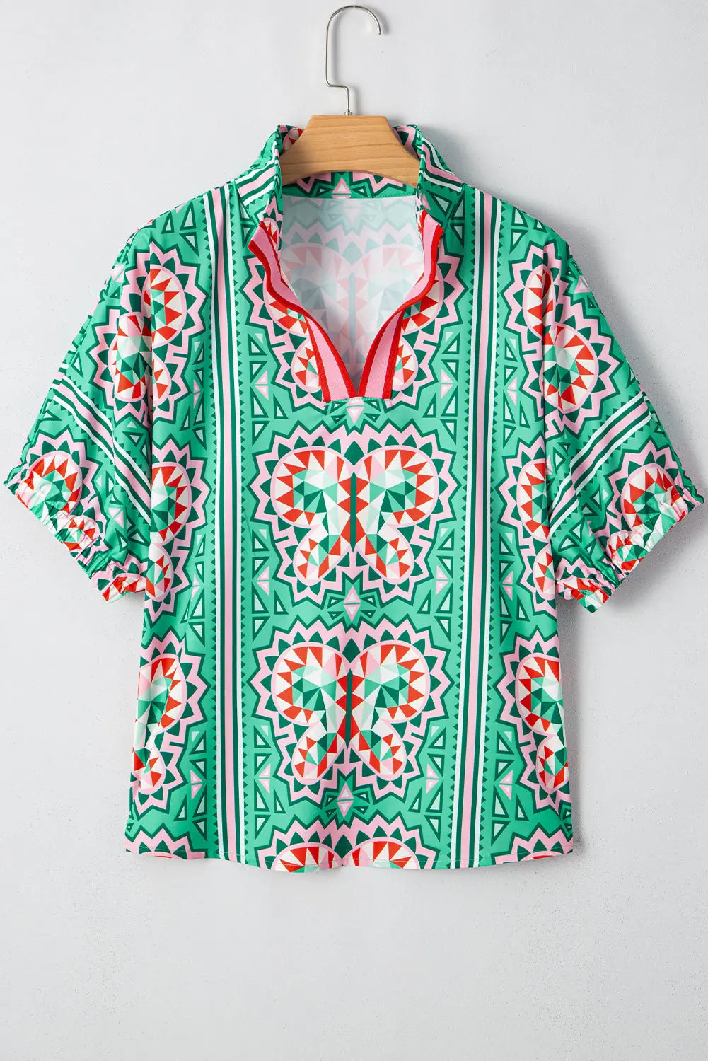 Kamiyah Boho Abstract Striped Collared V Neck Blouse Threaded Pear