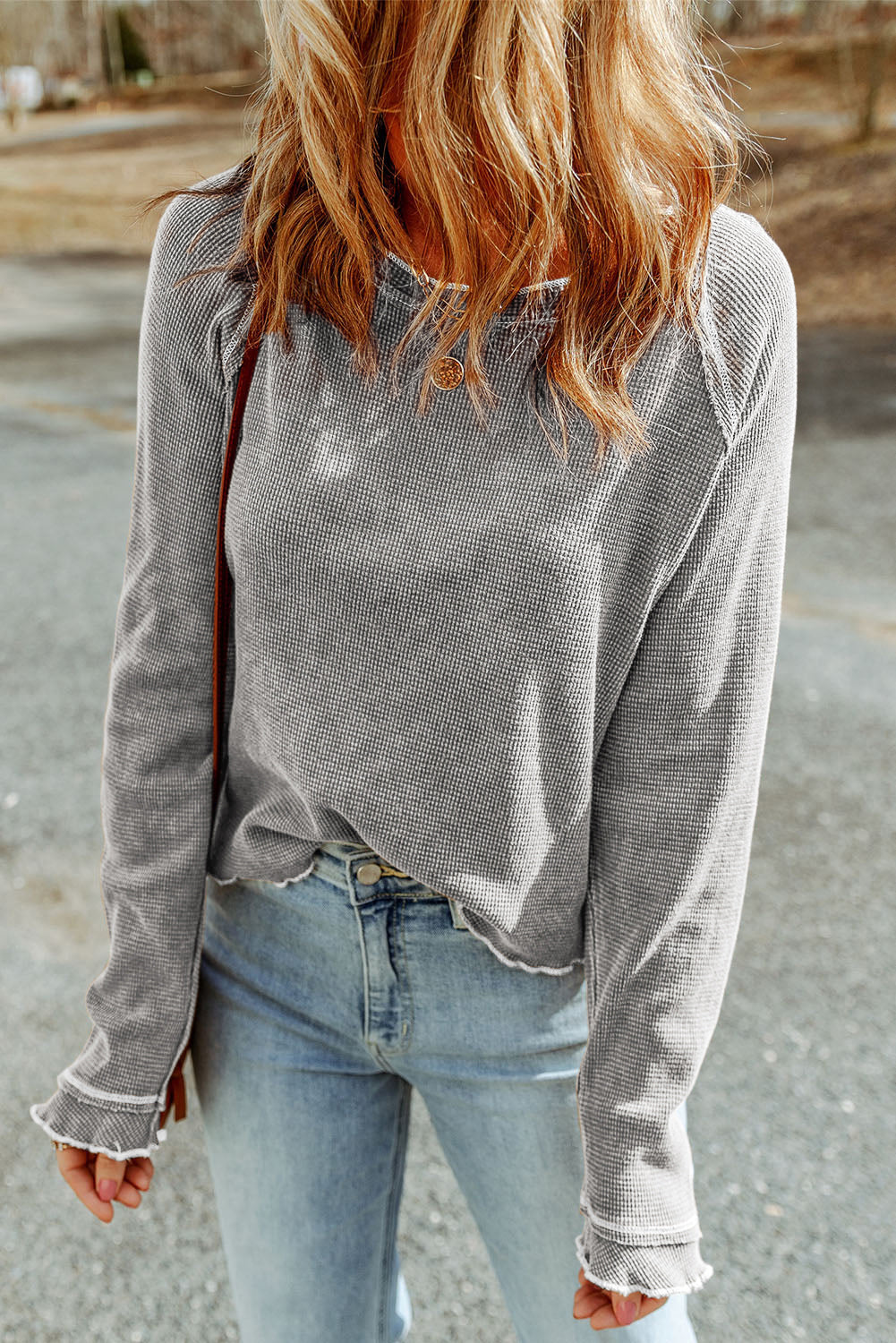 Daisy Textured Round Neck Long Sleeve Top Threaded Pear