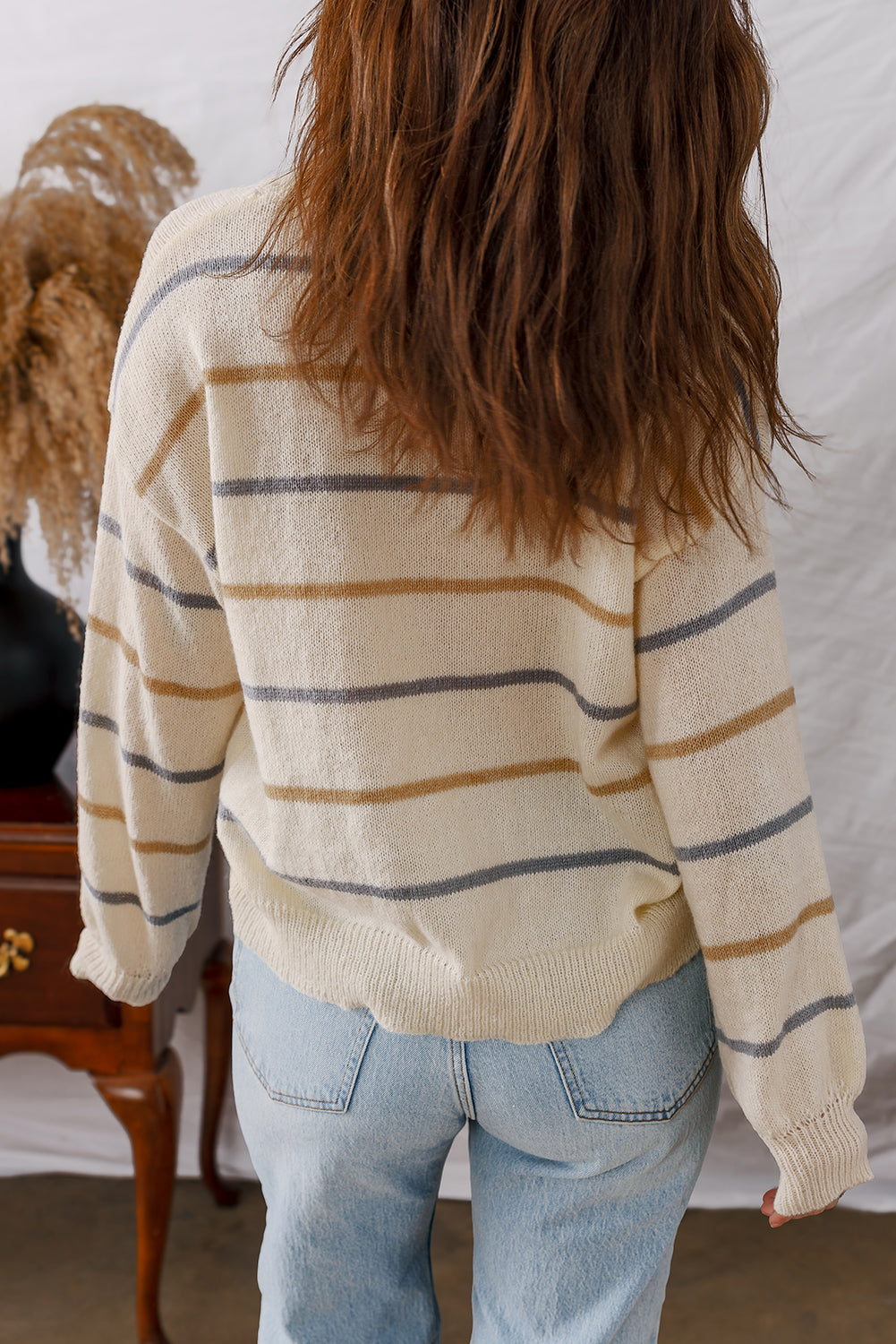 Eden Striped Ribbed Edge Drop Shoulder Sweater Threaded Pear