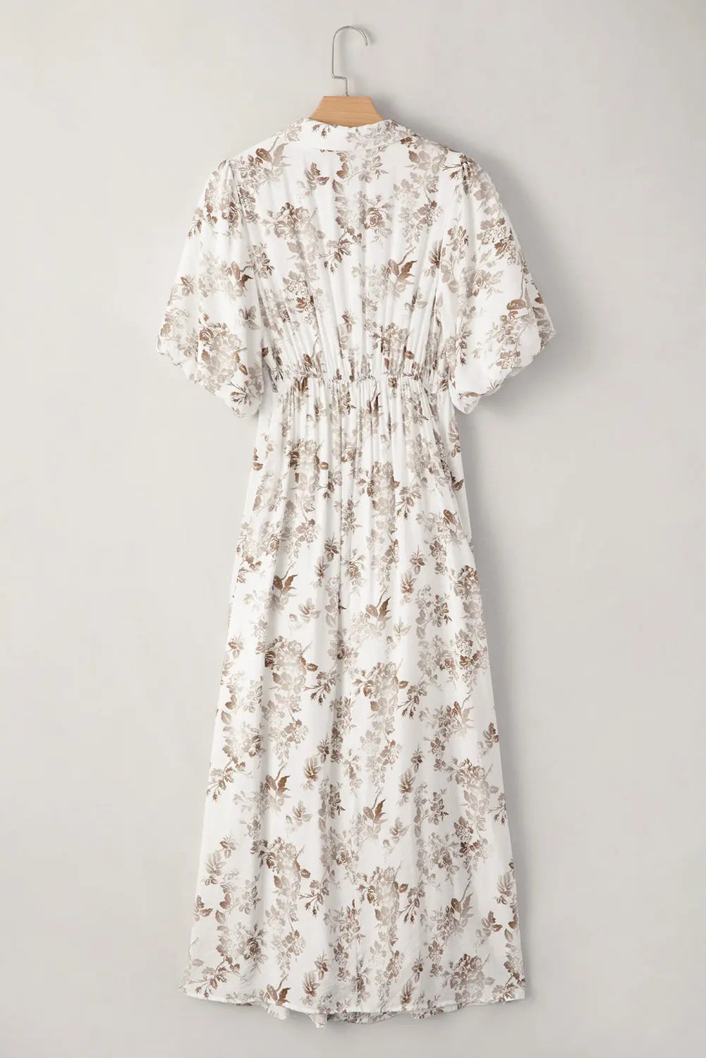 Iliana Floral Puff Sleeve V Neck Buttoned Front Maxi Dress Threaded Pear