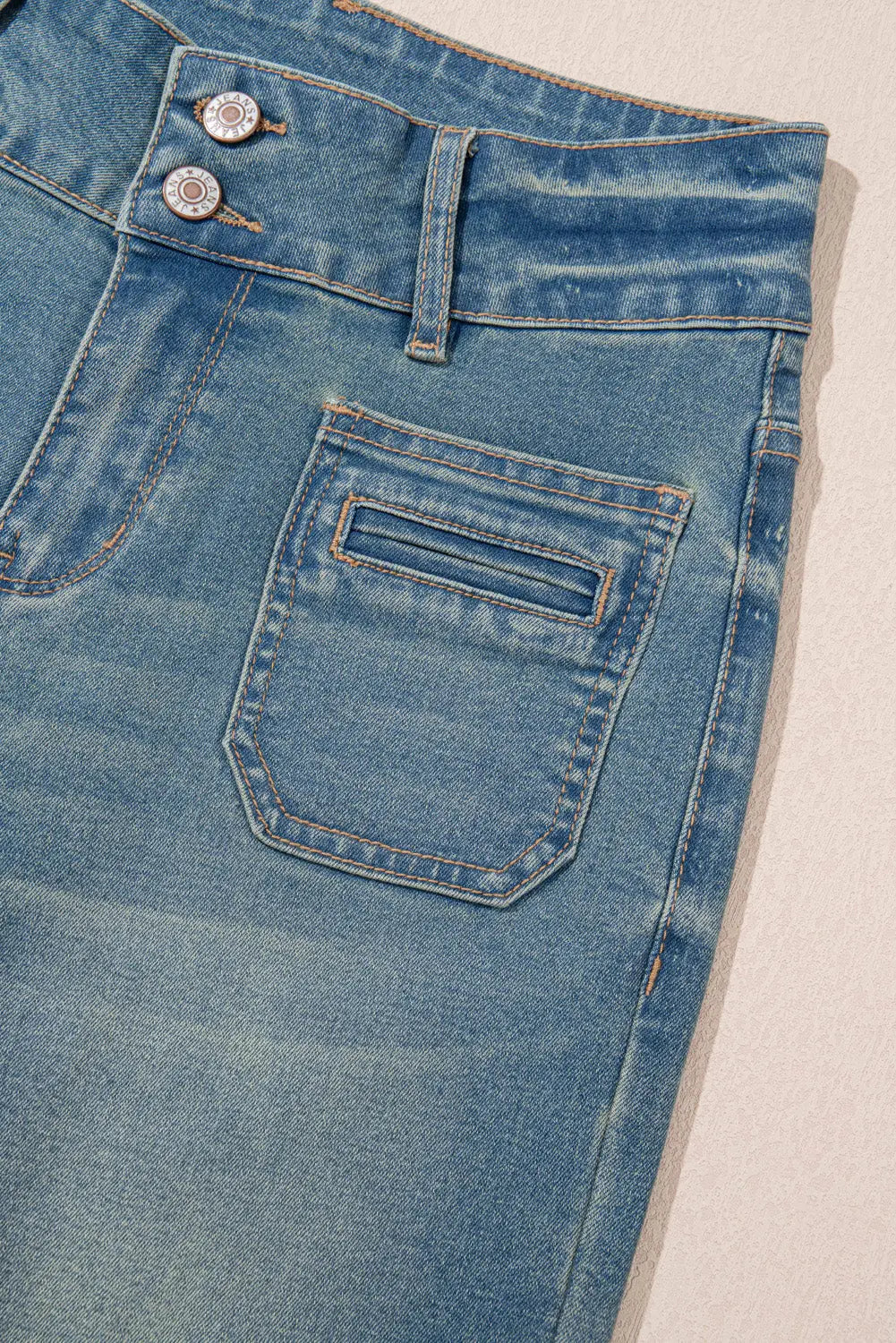 Amyra Double Button Patch Pocket Flare Leg Jeans Threaded Pear