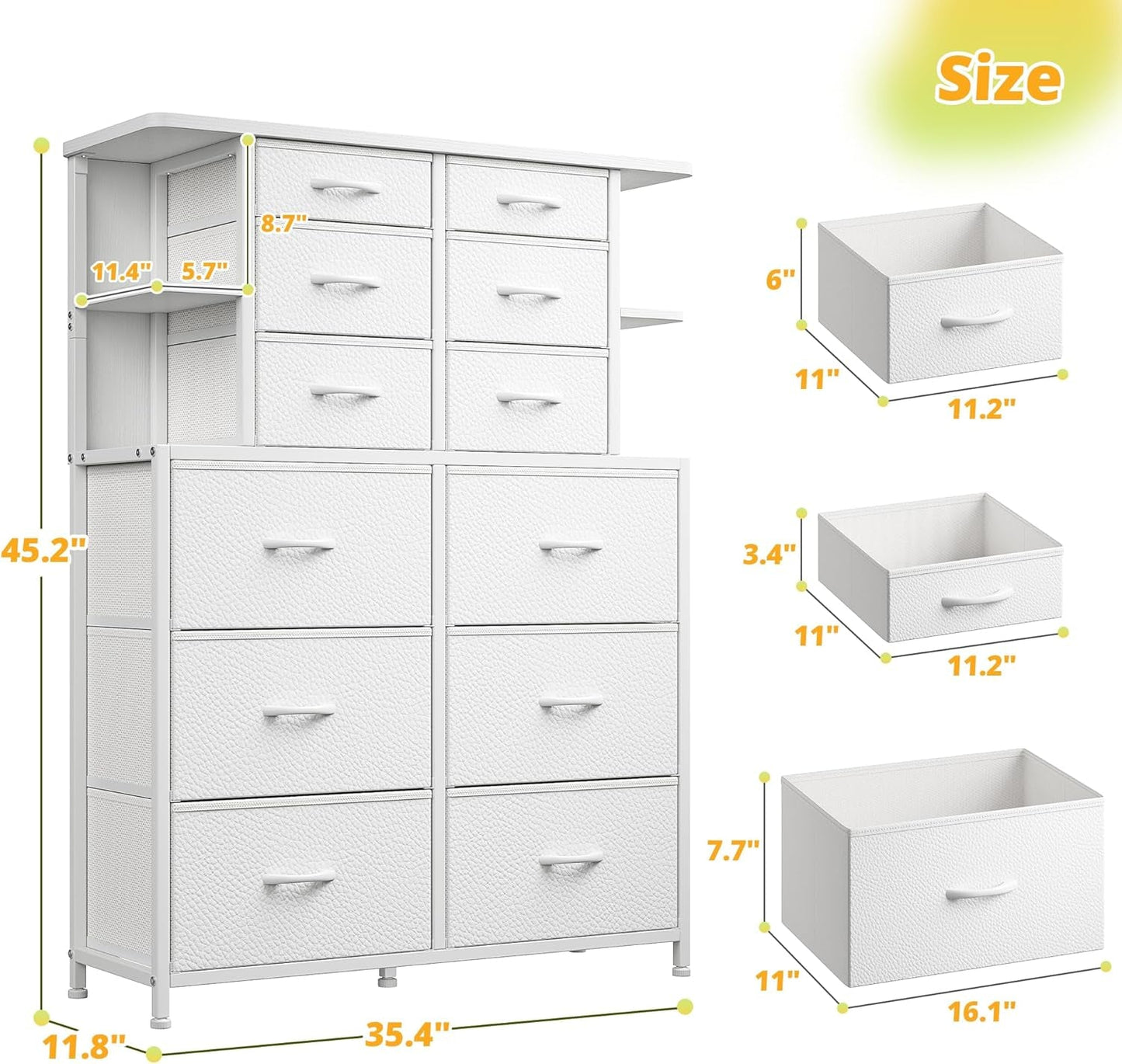 Dresser for Bedroom with LED Lights, 12 Drawers Bedroom Dresser, Black Dresser and Tall Dresser with Open Shelves, Fabric Dressers & Chests of Drawers with Sturdy Metal Frame, White ShipItFurniture