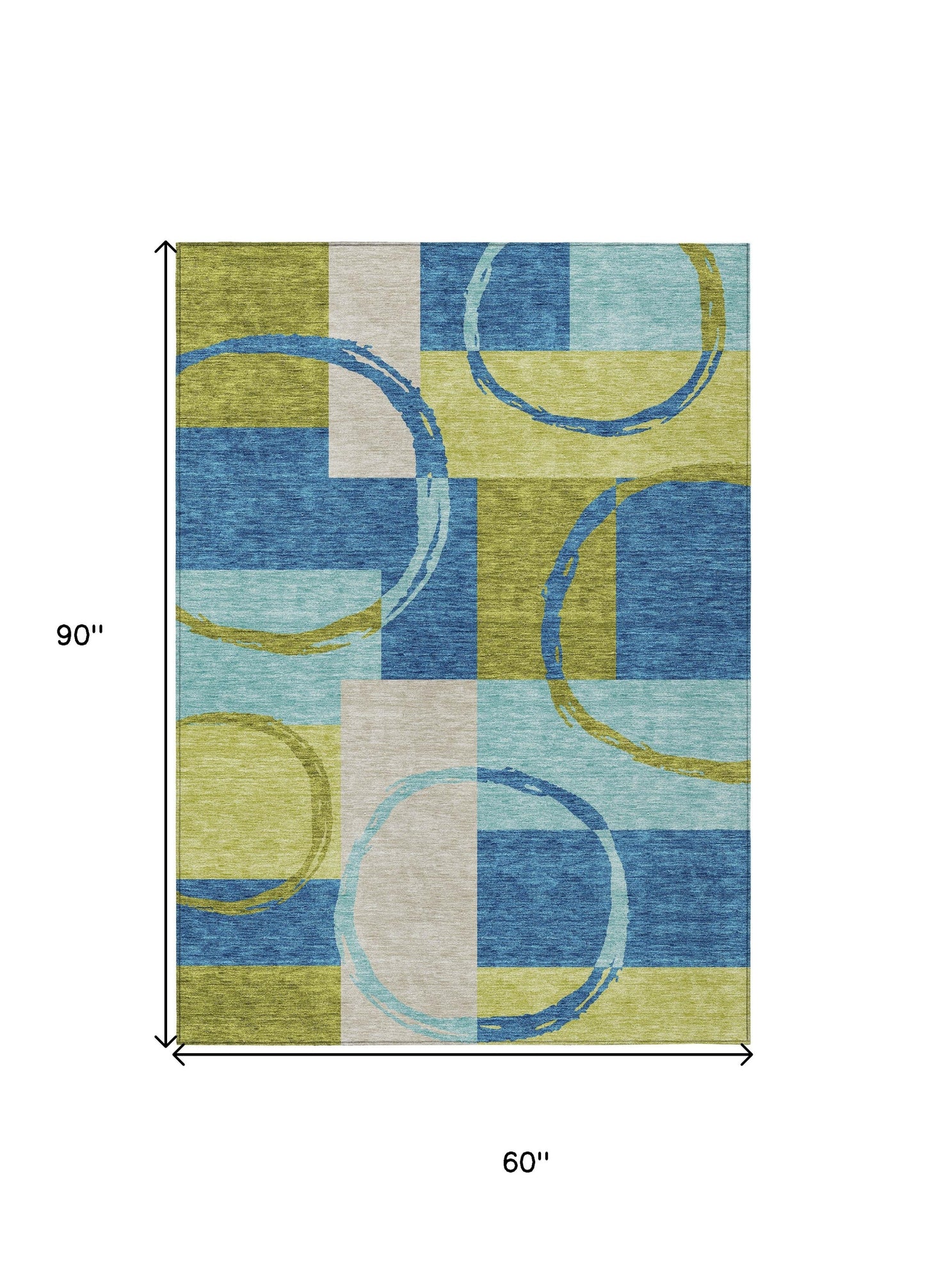 5' X 8' Denim Blue And Lime Green Geometric Washable Indoor Outdoor Area Rug