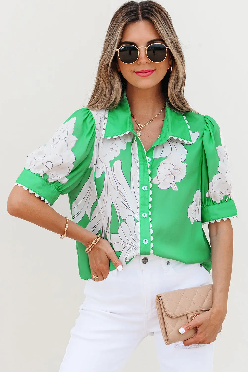 Celina Floral Ric Rac Edge Sleeve Blouse Threaded Pear
