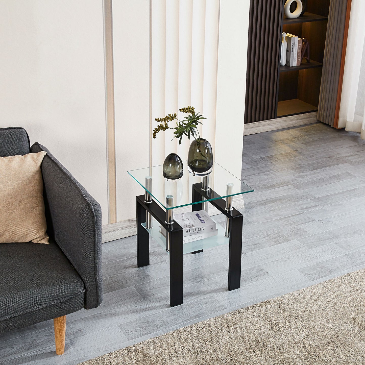 Set of Two Clear and Black Glass and Metal Square End Tables With Shelf