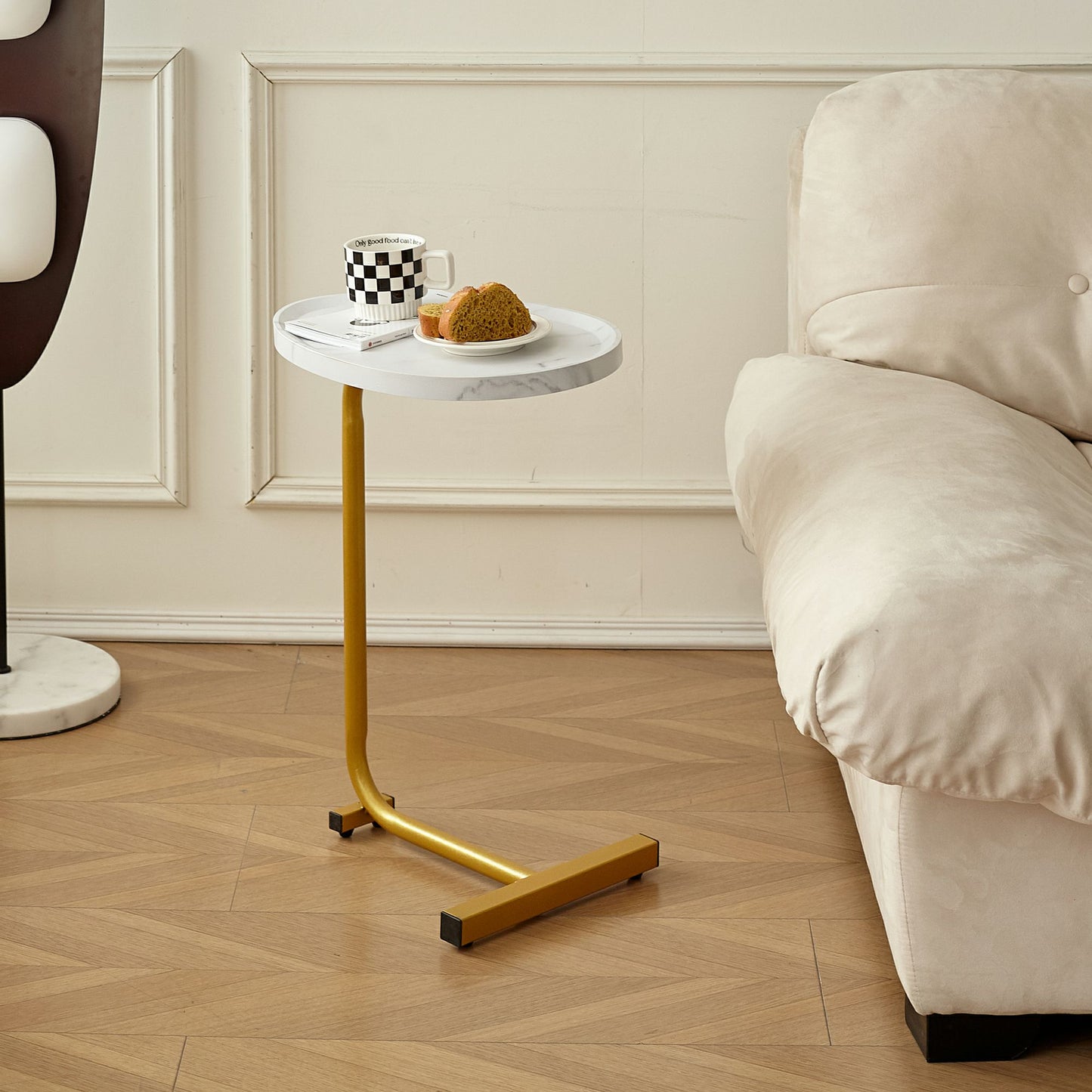 Set of Two White and Gold Faux Marble and Metal Oval End Tables