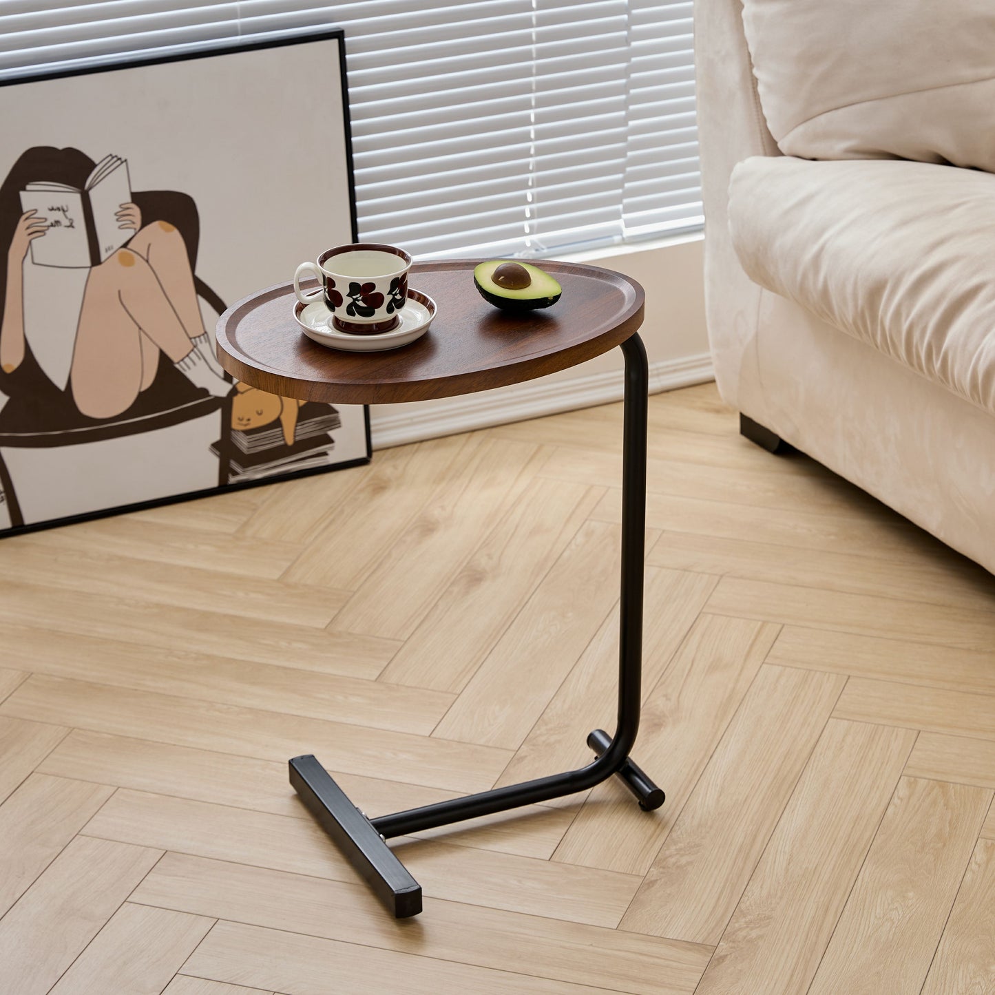 Set of Two Brown and Black Wood and Metal Oval End Tables