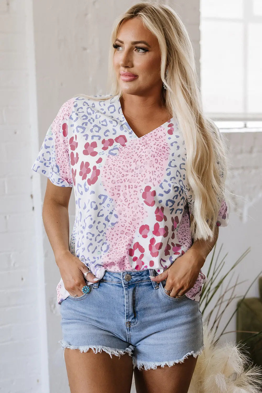 Luisa Leopard V Neck Short Sleeve Blouse Threaded Pear