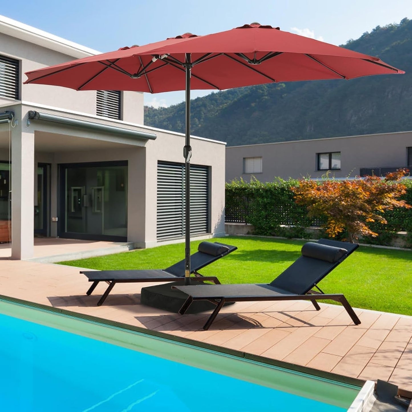 15ft Double Sided Patio Umbrella with Base Red ShipItFurniture
