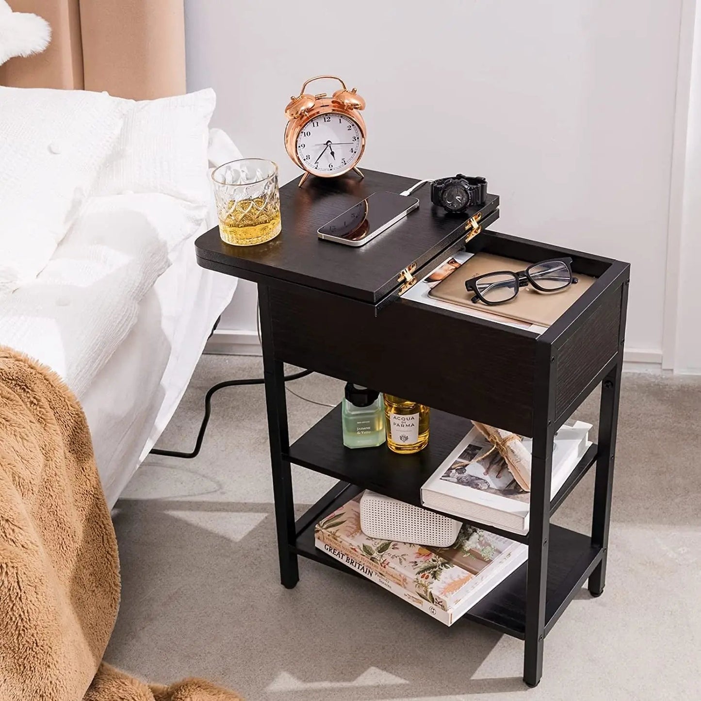 Charging End Table with USB Ports and Outlets, Narrow Nightstand-1