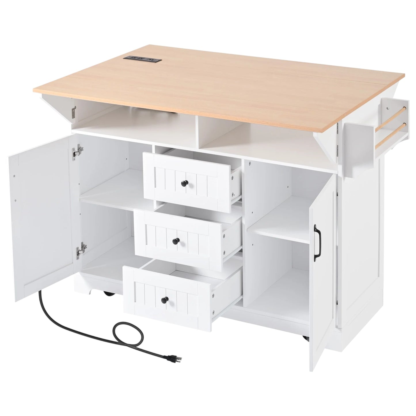 56" White Wood Rolling Kitchen Island With Storage
