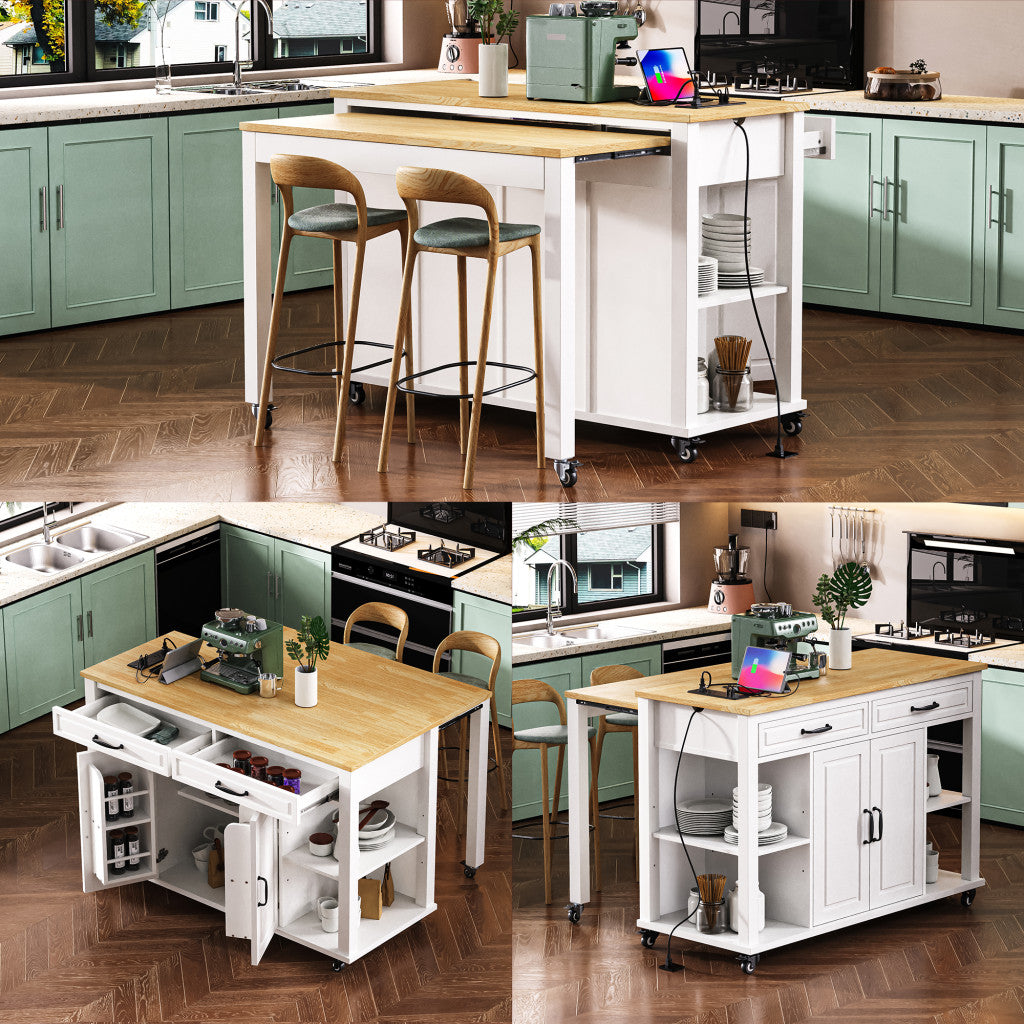 47" White Wood Rolling Kitchen Island With Storage
