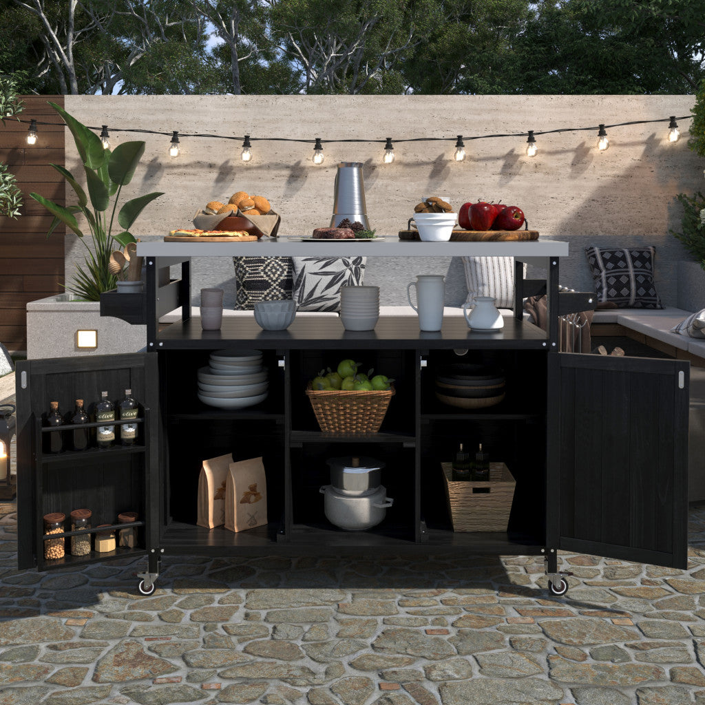 50" Black Wood Rolling Kitchen Island With Storage