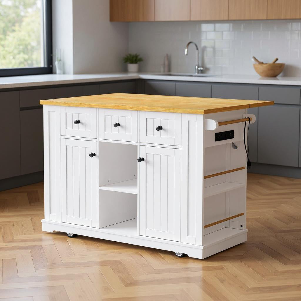 53" White Wood Rolling Kitchen Island With Storage
