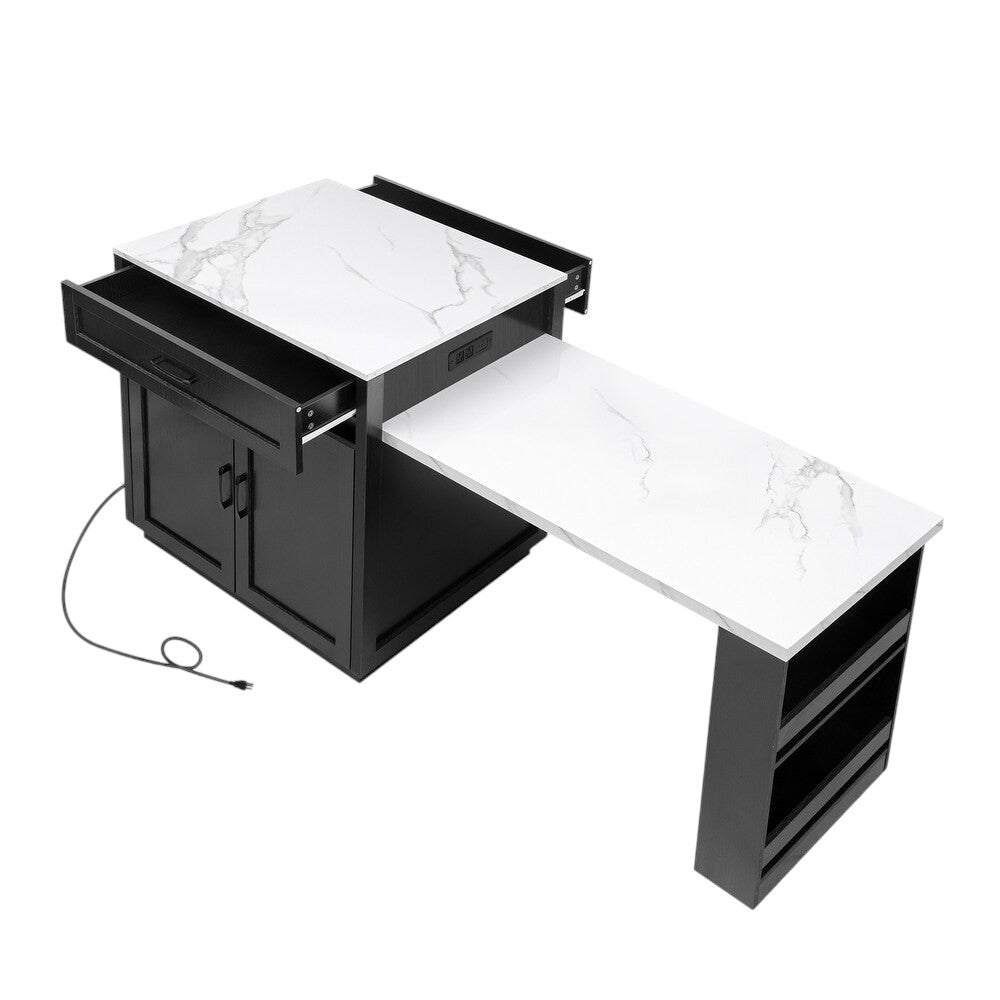 55" Black Wood Rolling Kitchen Island With Storage