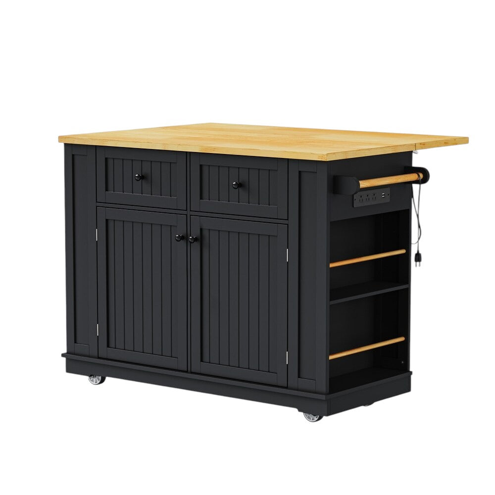 45" Black Wood Rolling Kitchen Island Set With Storage
