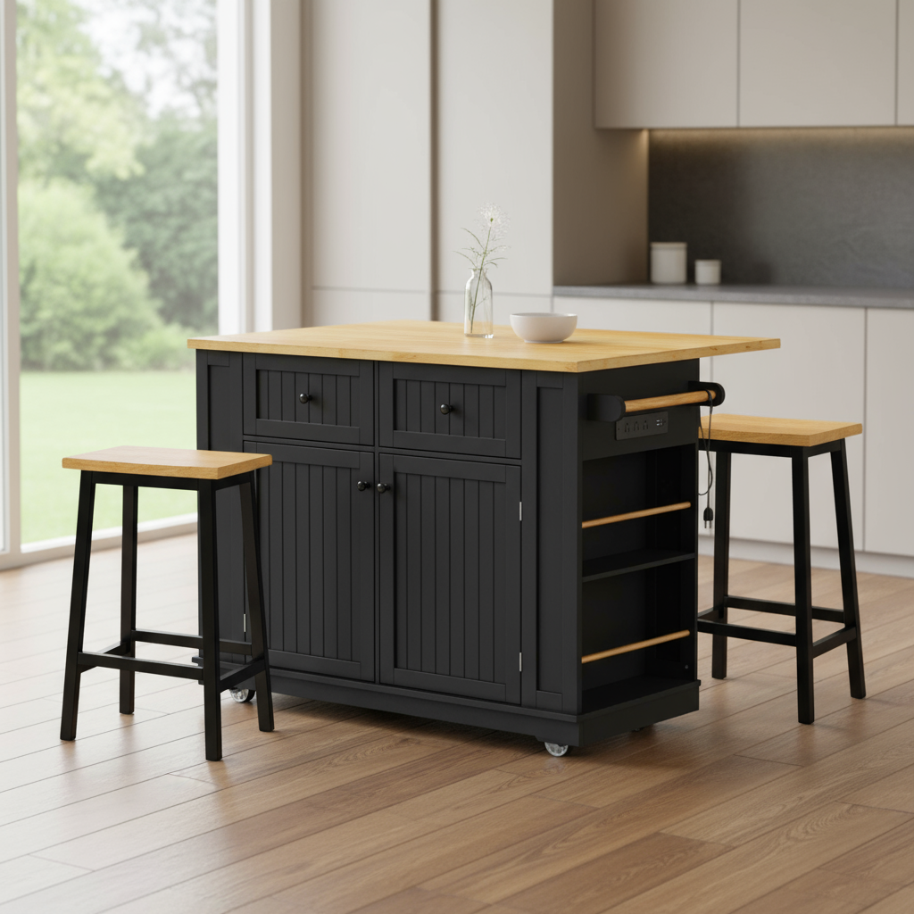 45" Black Wood Rolling Kitchen Island Set With Storage