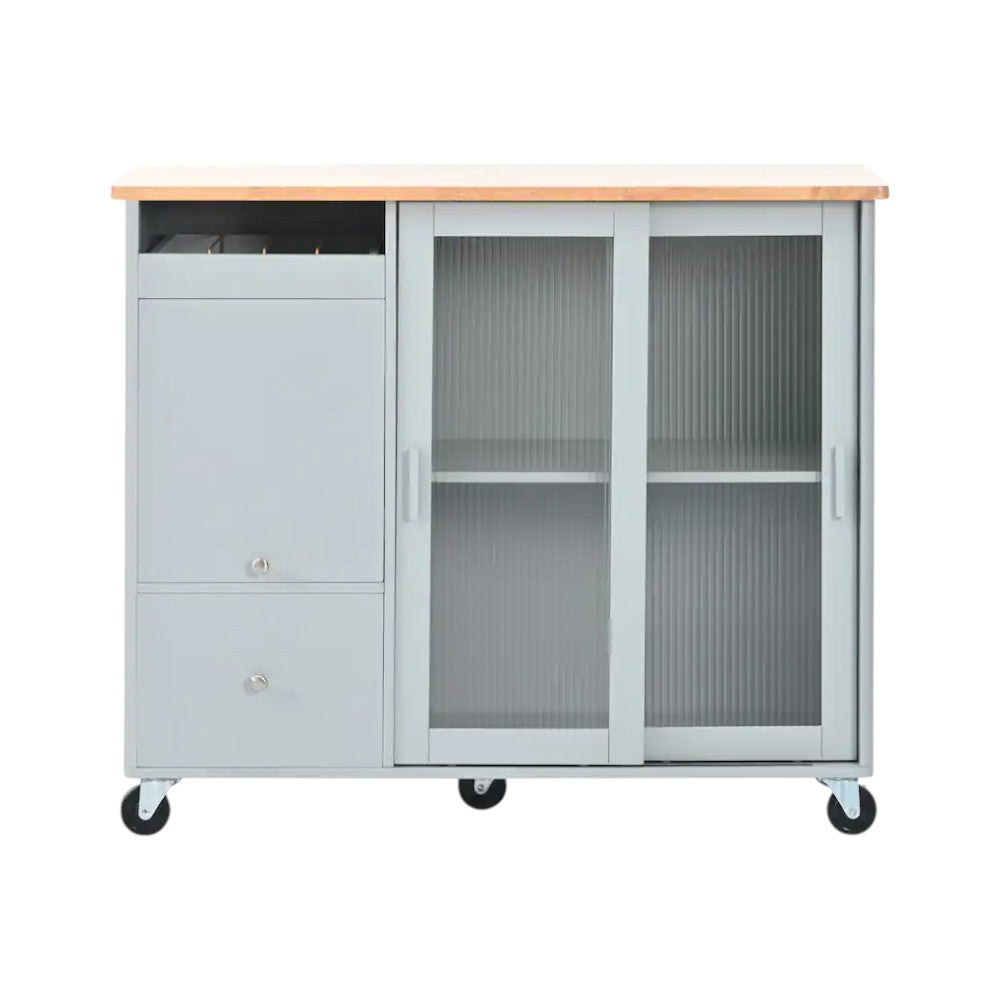 44" Light Blue Wood Rolling Kitchen Island With Storage