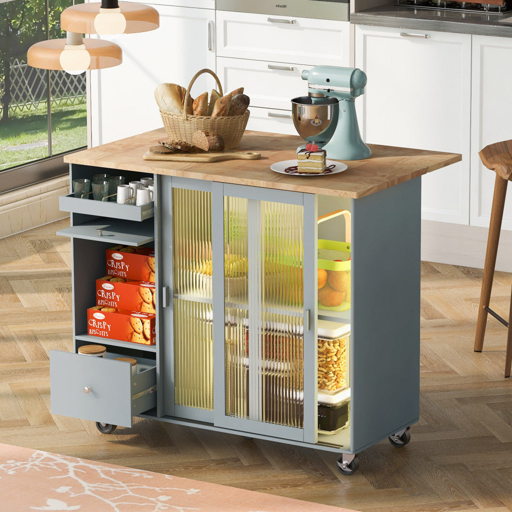 44" Light Blue Wood Rolling Kitchen Island With Storage