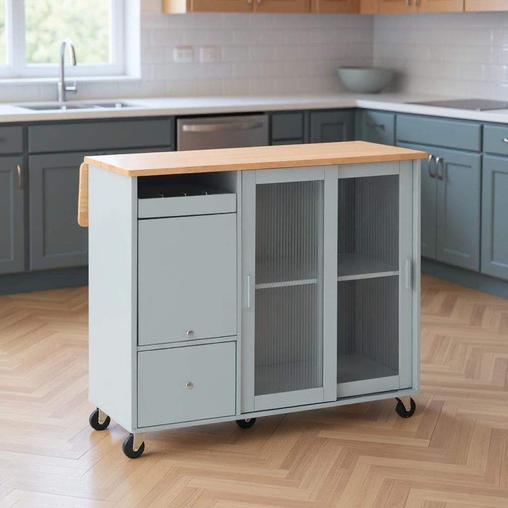 44" Light Blue Wood Rolling Kitchen Island With Storage