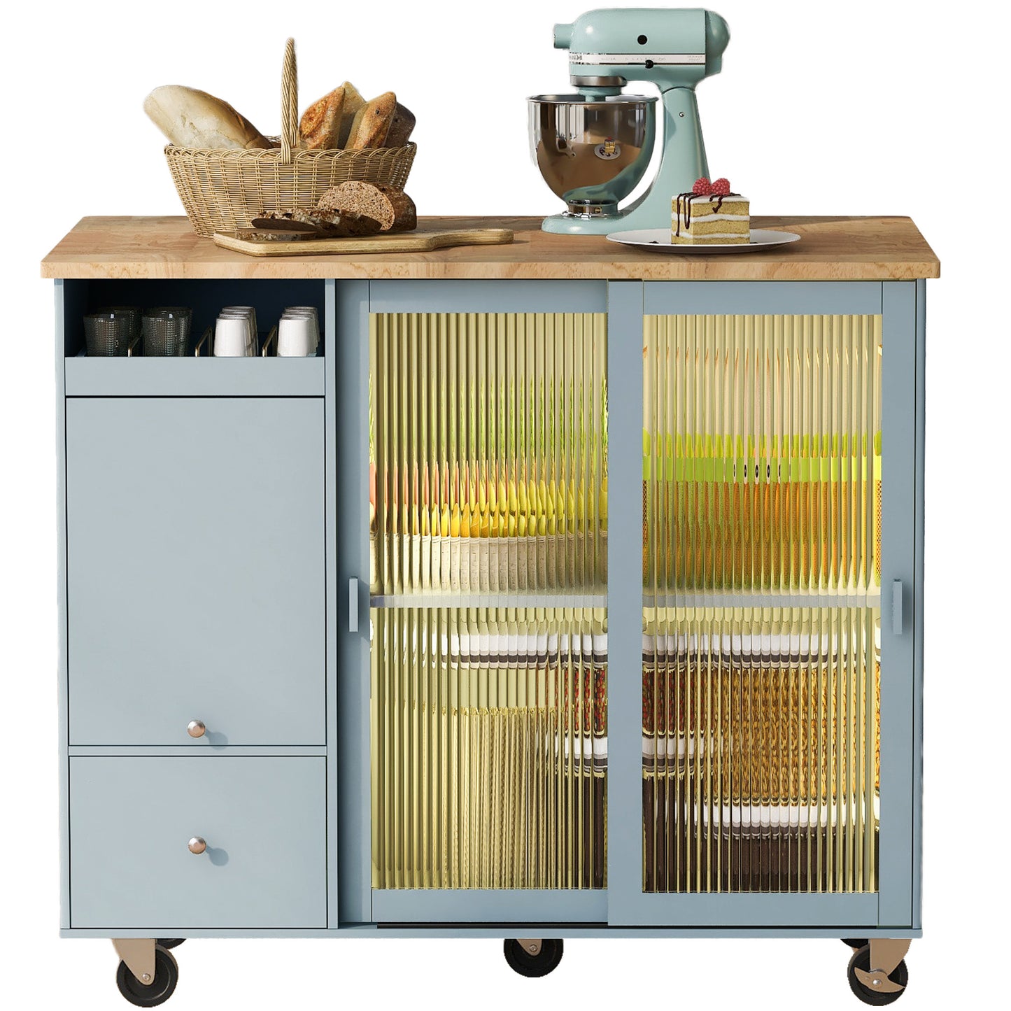 44" Light Blue Wood Rolling Kitchen Island With Storage