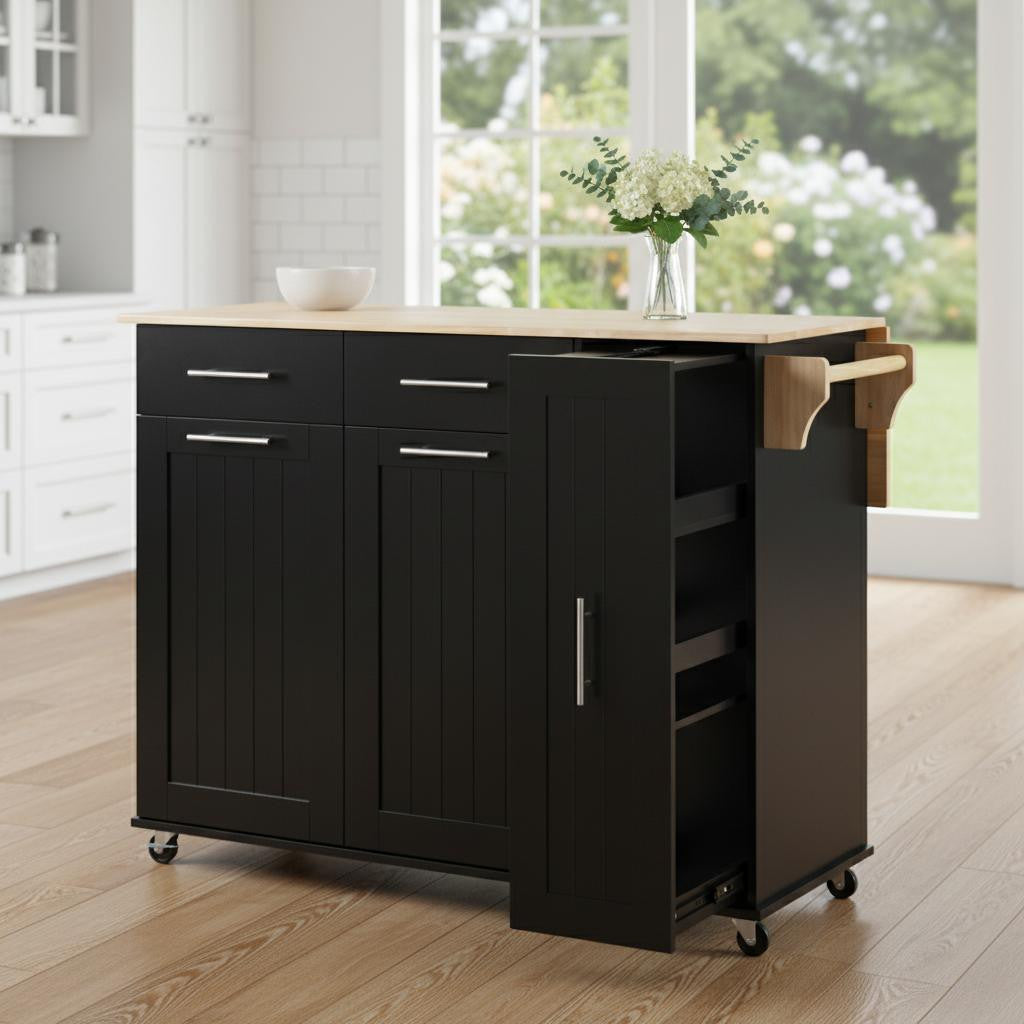 46" Black Wood Rolling Kitchen Island With Storage