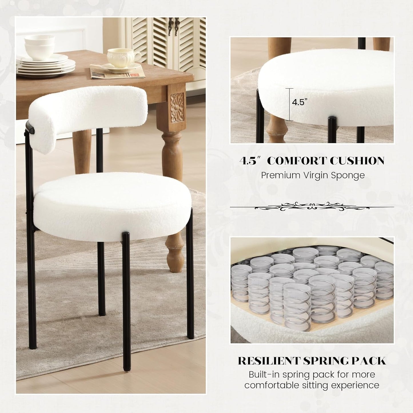 Dining Chairs Set of 4, White Boucle Dining Chair with Curved Backrest ShipItFurniture