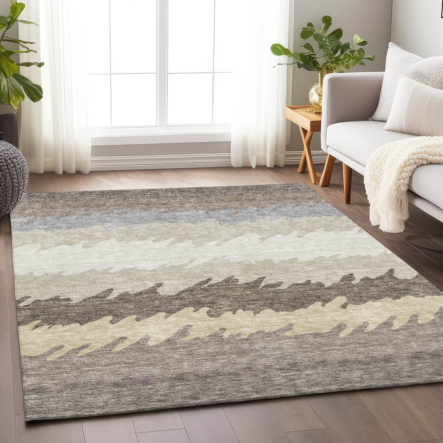 8' X 10' Taupe Gray And Beige Striped Washable Area Rug With UV Protection