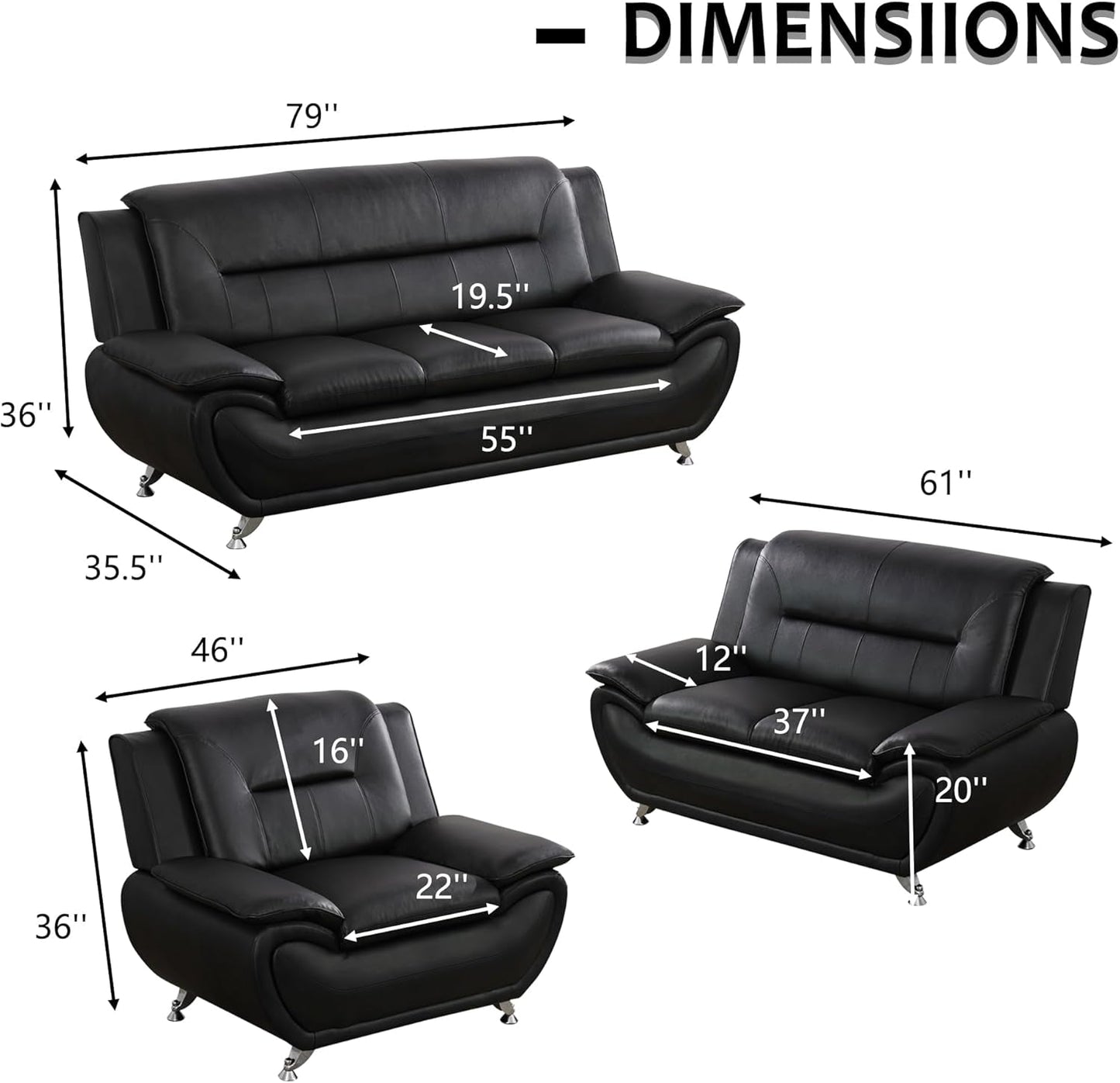 3 Piece Black Sofa Set Modern Living Room Couch Set Sofa Loveseat Chair For Home Decor ShipItFurniture