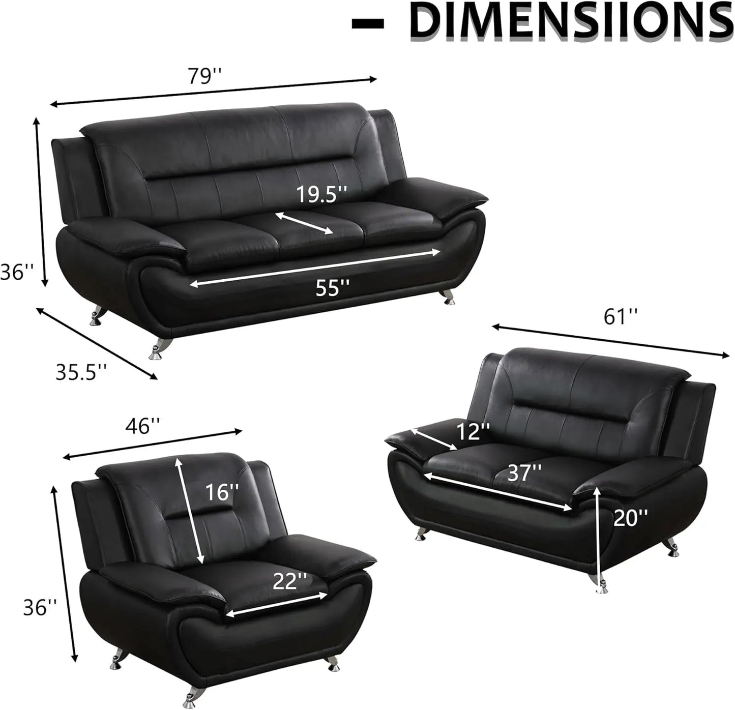 3 Piece Black Sofa Set Modern Living Room Couch Set Sofa Loveseat Chair For Home Decor ShipItFurniture