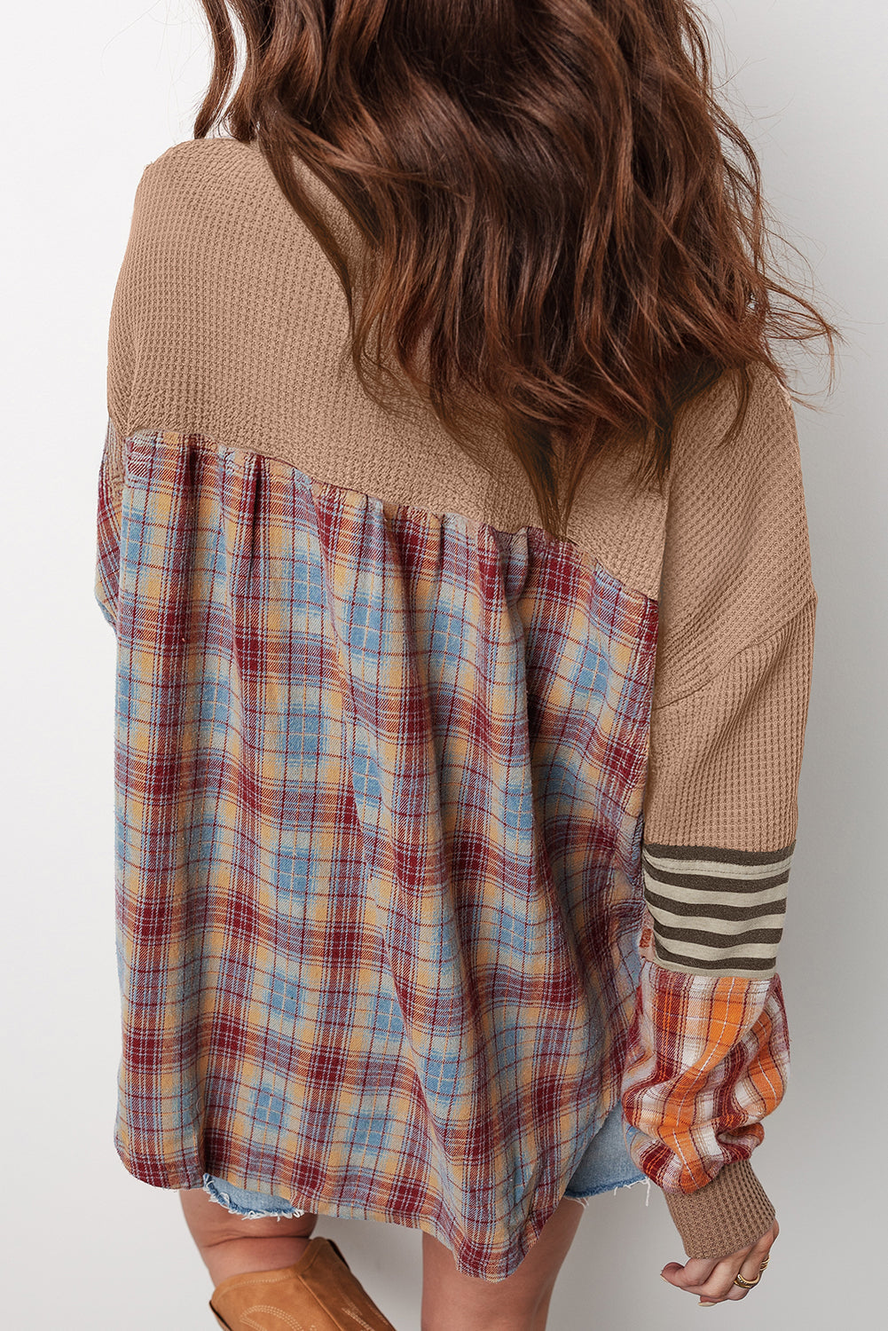 Aaliyah Waffle Stripe Plaid Patchwork Henley Knit Top Threaded Pear