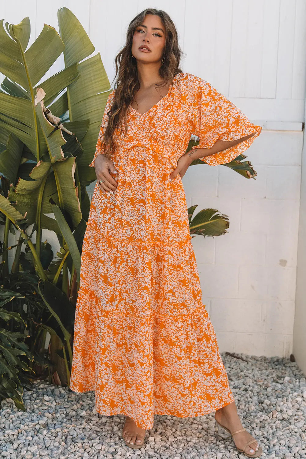 Eileen Floral V Neck Wide Sleeve Maxi Dress Threaded Pear