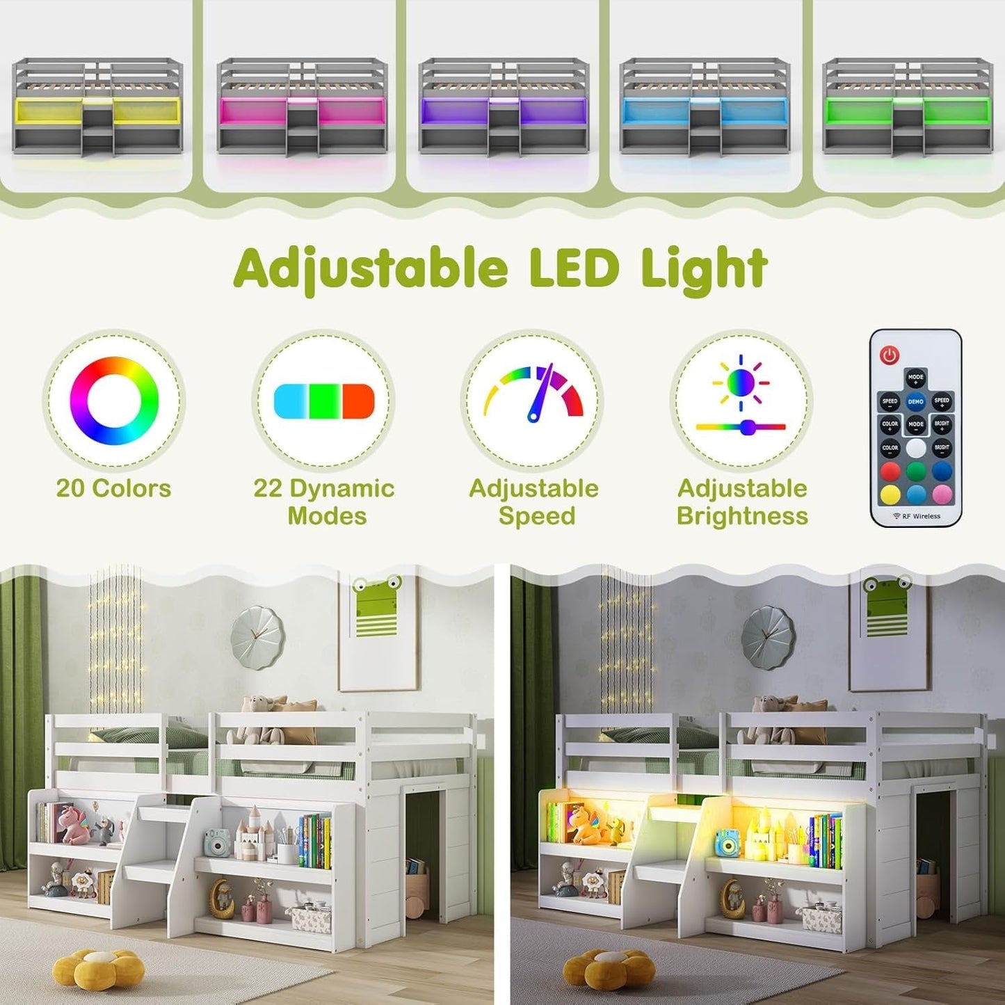 White Twin Low Loft Bed with LED & Stairs ShipItFurniture