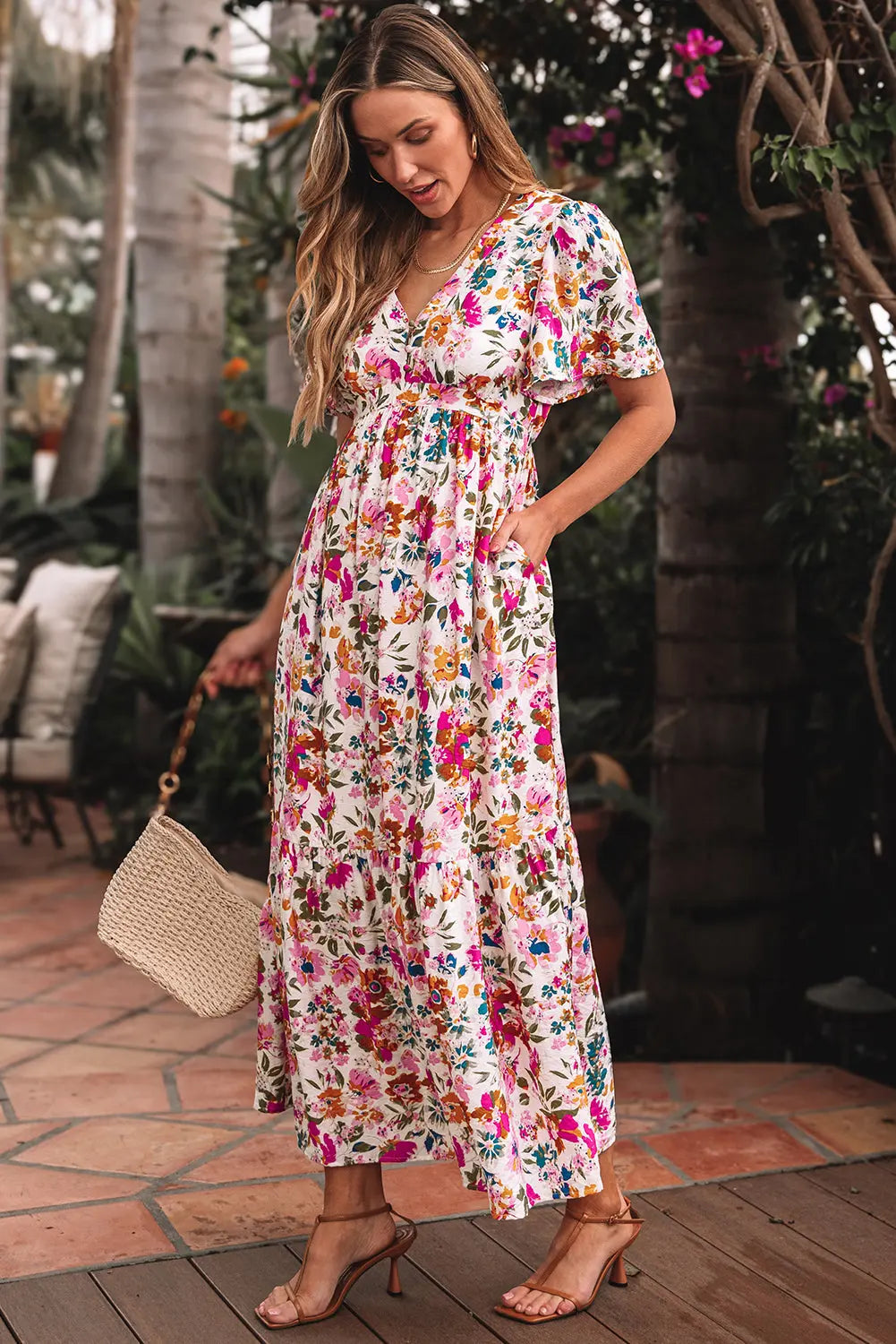 Kaitlyn Floral Short Sleeve Maxi Dress Threaded Pear