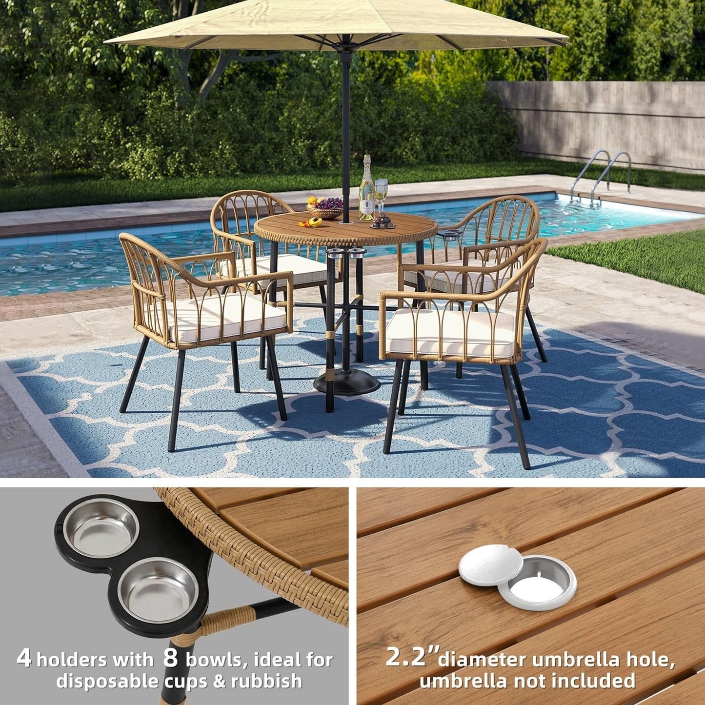 5 Pieces Outdoor Patio Dining Table Chair Set,Wicker Patio Dining Set,Outdoor Rattan Dining Table Set for Patio, Backyard, Balcony, Garden (With Umbrella Hole), Beige ShipItFurniture
