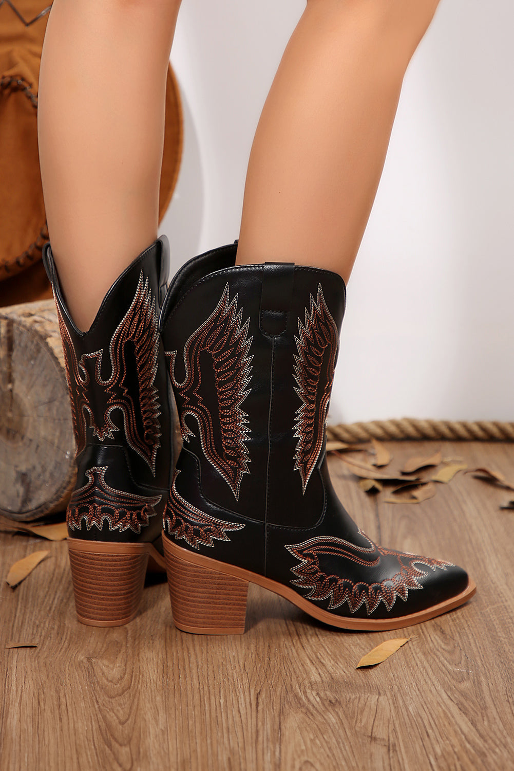 Mackenzie Western Eagle Embroidered Faux Leather Boots Threaded Pear
