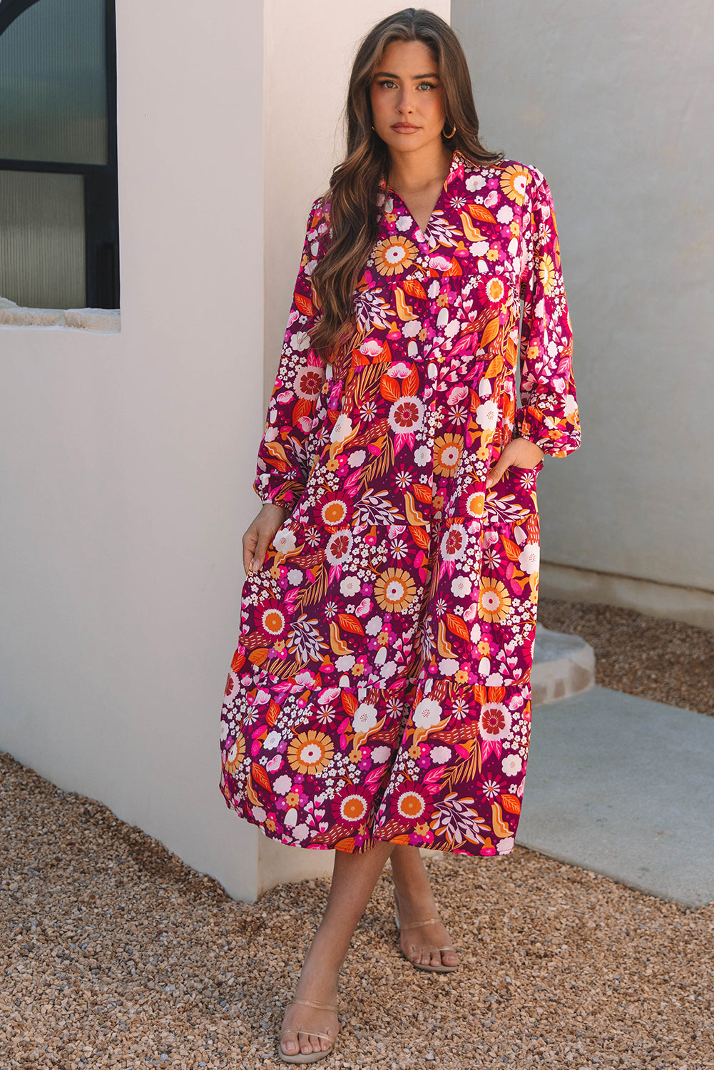 Alina Collared Tiered Long Dress Threaded Pear