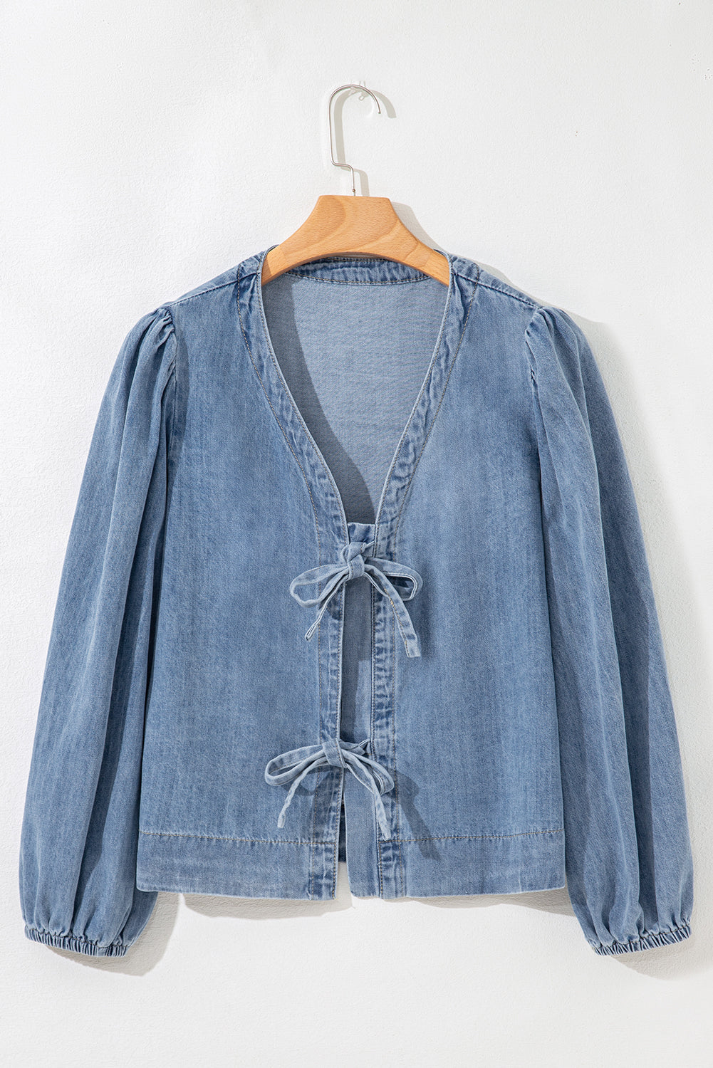 Oakley Tied Front Long Puff Sleeve Denim Top Threaded Pear