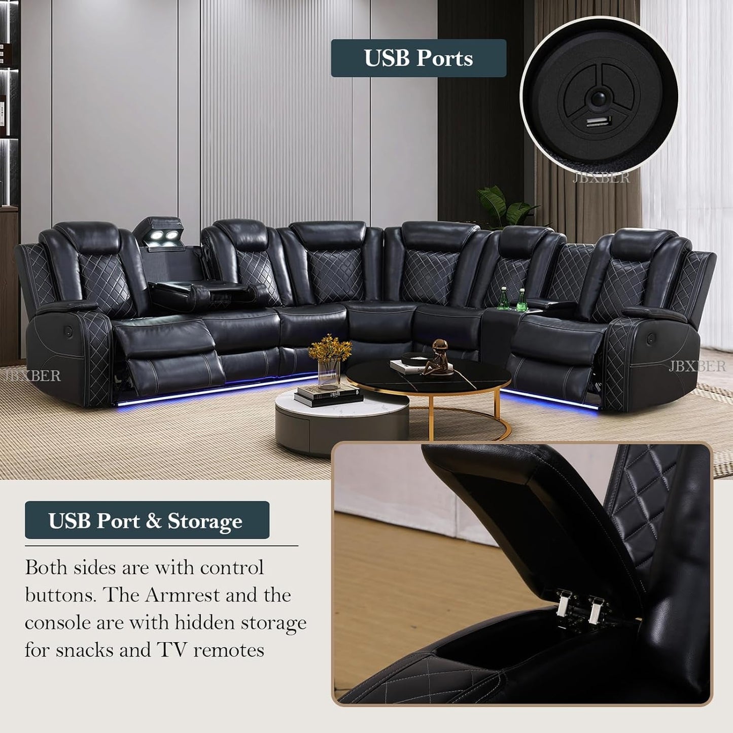 Power Recliner Sectional Sofa Set, Leather Sectional Sofa Sets for Living Room, Power Reclining Sectional Couch with Led Lights, Cup Holder, Wireless Charging, Hidden Storage, Black