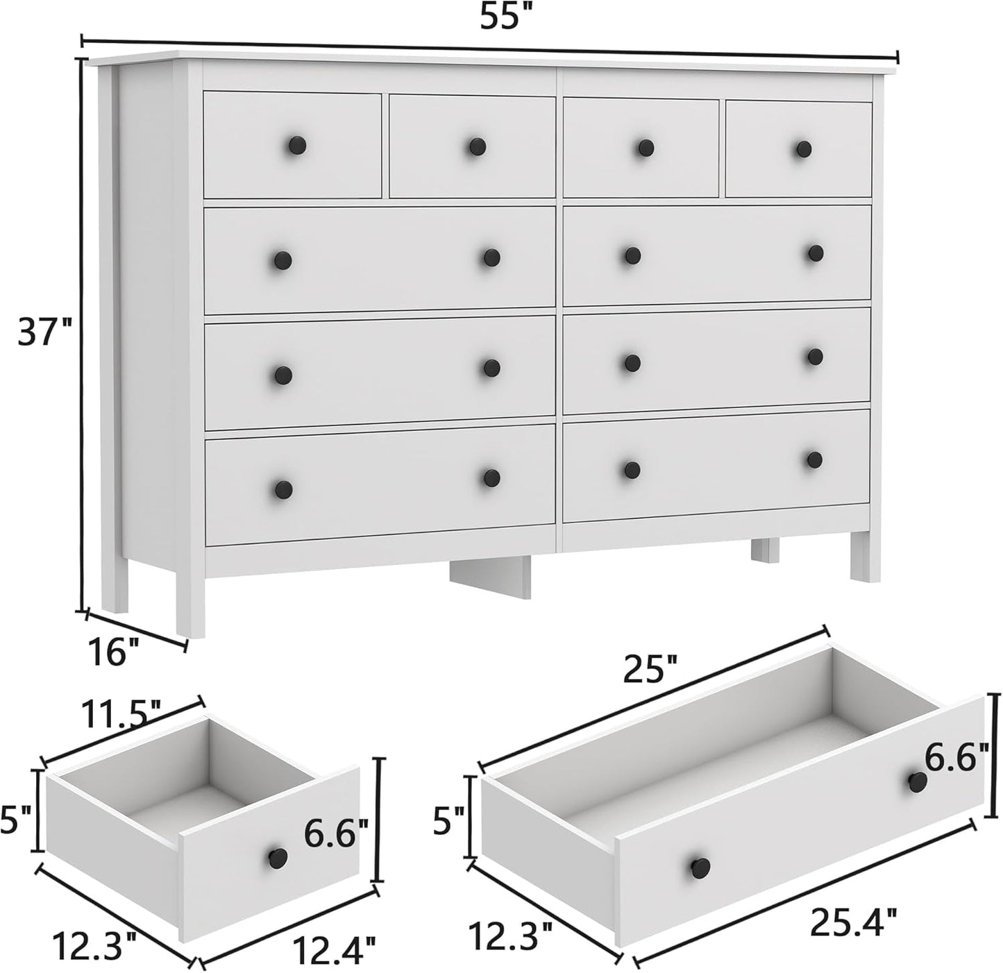 White 55 Inch Ten Drawer Dresser Modern Bedroom Storage ShipItFurniture