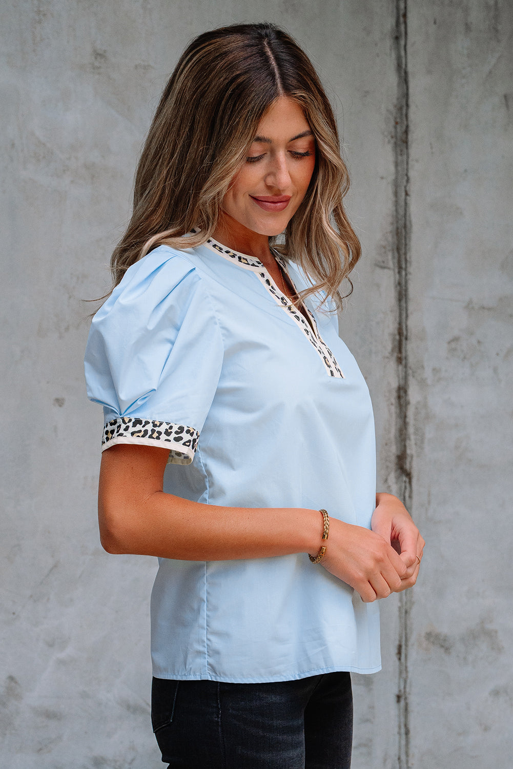 Mila Contrast Leopard Trim Split Neck Puff Sleeve Blouse Threaded Pear